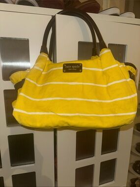 kate spade Yellow and White Striped Canvas Tote with Dark Handles